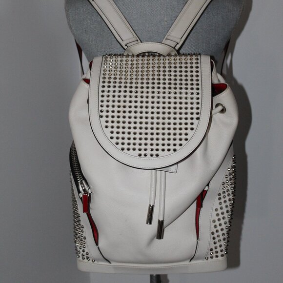 Christian Louboutin Spiked White Leather Explorafunk Backpack Shoulder Bag